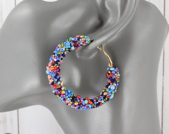 Beaded hoop earrings blue multi color beads 1.75" wide lever back hoops earrings seed bead hoop earrings rainbow colors