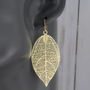 Gold leaf earrings filigree leaf earrings dangle leaves jewelry lightweight earrings 2.25" long lightweight