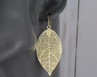 Gold leaf earrings filigree leaf earrings dangle leaves jewelry lightweight earrings 2.25" long lightweight