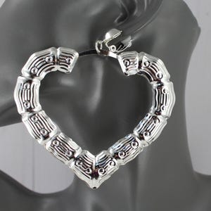 Silver Clip On earrings heart bamboo hoops hollow textured pendant clips lightweight 3.2\5&quot; long 3.25&quot; wide hoop big large hoops