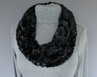 Black scarf faux fur soft infinity scarf cowl neck fluffy soft loop infinity circle winter scarf  warm and cozy