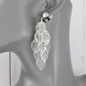 Silver clip on earrings leaf chandelier lightweight dangle clips filigree leaves metal 3 1/8" long wiggly flowy clips non-pierced earrings