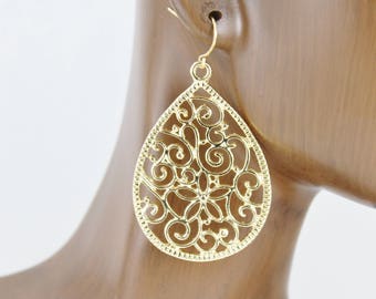 Gold teardrop Filigree Earrings Boho Chic Moroccan Medallion Bohemian Filigree Big Dangle Earrings 2.25" long