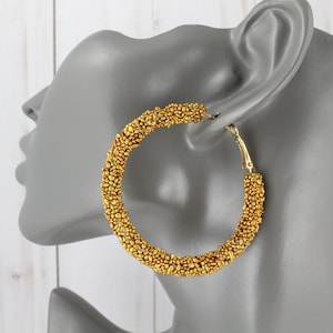 dark Gold Beaded hoop earrings beads 2 1/8&quot; wide lever back hoops earrings seed bead hoop earrings lightweight