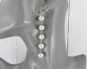 Grey faux pearl chandelier Earrings lightweight Dangle 3 3/8" long skinny Gold beaded dangly earrings gray