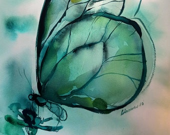 Teal Decor Watercolor Butterfly Original Painting, Emerald Wall Art for Home