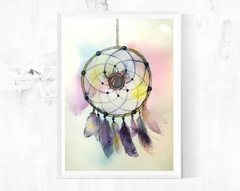 Original Dreamcatcher Watercolor Painting – Boho Nursery Art (9x12 in)