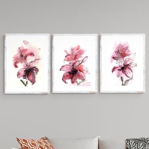 Pink Lily Watercolor Painting Set – Floral Wall Art (Digital Download)