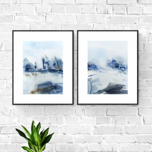 Diptych Wall Art - 2 Piece Winter Landscape - Original Minimalist Abstract Watercolor Painting