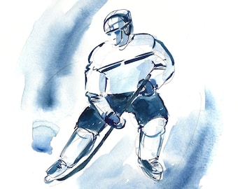 Hockey wall art - original watercolor painting. Teen boy room art. Gift for father