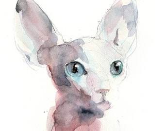 Art mural Sphinx - impression sphynx - aquarelle 6x8, 8x11, 11x16. Cadeau unique pour les amoureux des chats