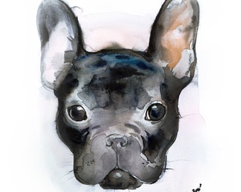 Pintura de bulldog francés - Retrato original de perro en acuarela