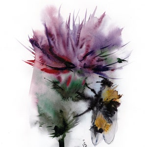 Thistle and Bee print watercolor A4, A3, 8x11, 11x16. Purple and green watercolour picture.