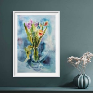 Klassische Malerei - Aquarell Blumen Aquarell Tulpen Original Wandkunst für Zuhause