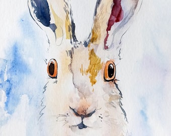 Pintura de conejo - Liebre, acuarela original. Acuarela contemporánea.