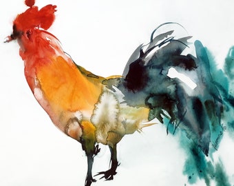 Pintura original de gallo en acuarela. Imagen original de pollo en acuarela. Arte colorido en acuarela para una cocina de campo.