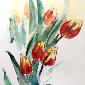 Fleurs à l'aquarelle - aquarelle originale de tulipes