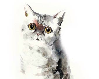 May include: Watercolor painting of a gray tabby cat with large yellow eyes. The cat is sitting with its tail curled around its body. The painting is signed "Mammy H" in the lower right corner.