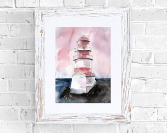 Lighthouse painting - seascape original watercolor - nautical water color art