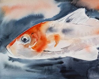 Original Koi Fish Watercolor Painting – Contemporary Wall Art (20x40)
