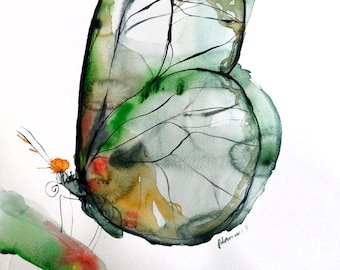 Butterfly Art Print, Green and Yellow Watercolor Nature Room Decor