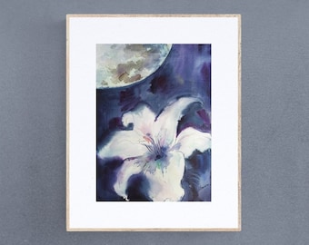 Planet painting - Water color painting - original watercolor moon and flower watercolor wall art