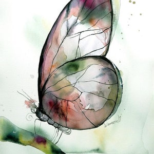 May include: Watercolor painting of a delicate butterfly with translucent wings in shades of pink, green, and white. The butterfly is perched on a green branch.