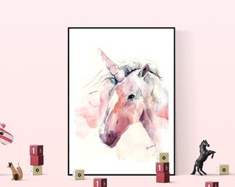 Unicorn Wall Decor - Canvas Print, Watercolor Nursery decor for a girl's room