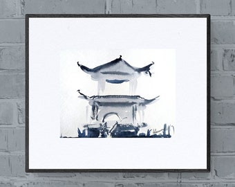 Japanese Pagoda Watercolor Painting – Japan Landscape Art (8x11 in)
