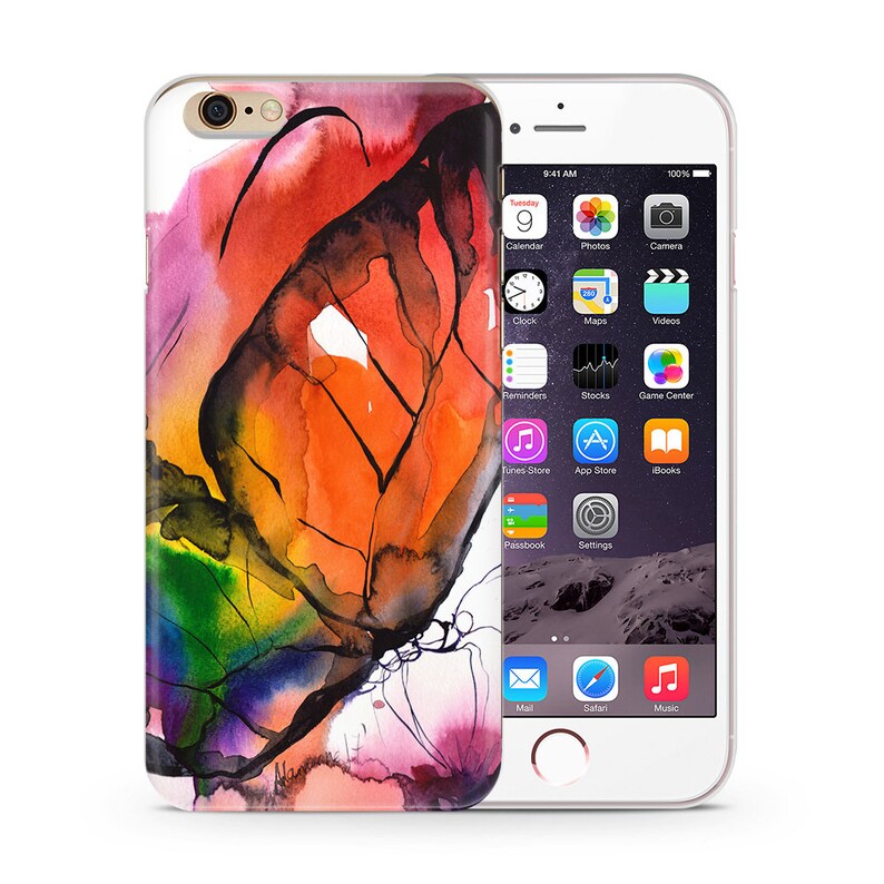 May include: A phone case with a colorful abstract watercolor design featuring a butterfly. The design is in shades of pink, orange, yellow, green, and blue.