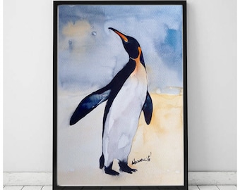 Penguin wall art watercolor painting original. Water color art for nursery or living room