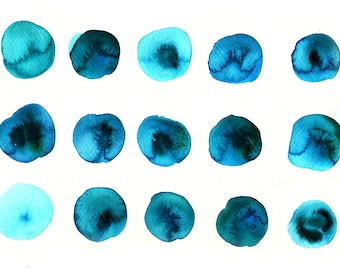 Turquoise abstract minimalist watercolor circles art - original ink and water color painting