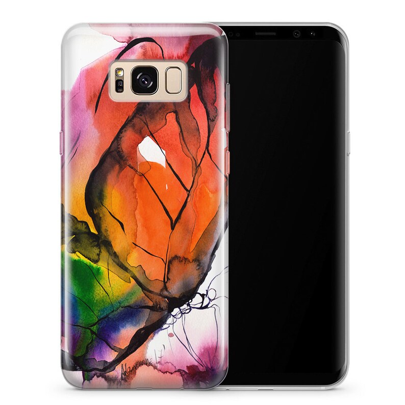 May include: A clear phone case with a colorful abstract design. The design features a large orange and yellow shape with black lines and a smaller purple and green shape. The background is white.