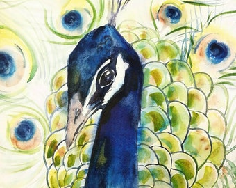 Pintura de pavo real - Arte original en acuarela - Decoración de sala de estar con aves en acuarela