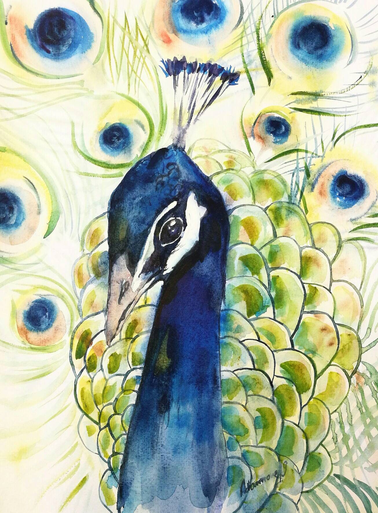 Peacock Painting Watercolor Original Art Bird Water Color Living Room Decor Etsy Canada