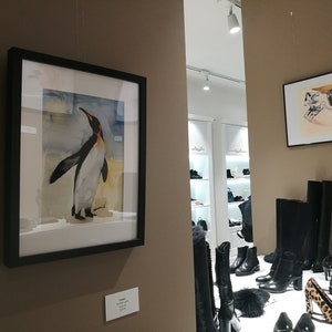 Puede incluir: Una pintura de acuarela enmarcada de un ping&uuml;ino de pie en una playa de arena. La pintura est&aacute; colgada en una pared marr&oacute;n en una tienda con botas y zapatos negros en exhibici&oacute;n.