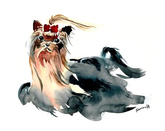 Yorkie painting portrait watercolor original art - Yorkshire terrier dog watercolour