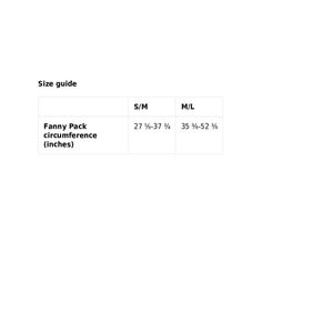 May include: Size guide for a fanny pack, showing the circumference in inches for two sizes: S/M (27 1/8-37 1/4 inches) and M/L (35 1/8-52 1/8 inches).