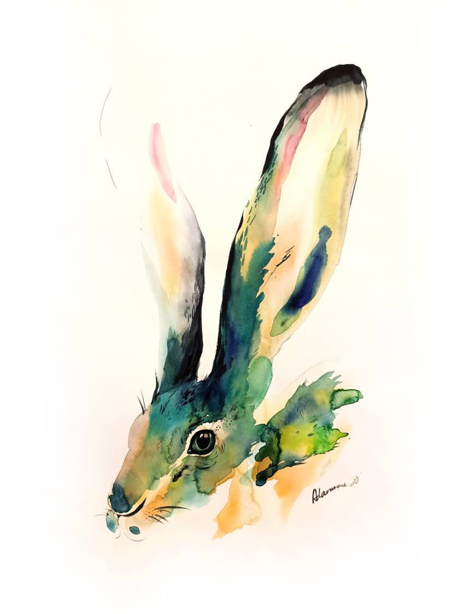 Hare Original Abstract Colorful Watercolor Painting. Jackrabbit, Rabbit