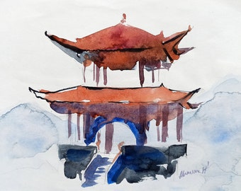 Japanese Pagoda Watercolor Painting – Original Japan Landscape Art (8x11 in)