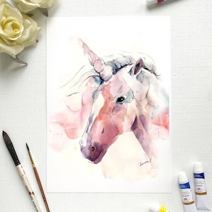 Unicorn print - watercolor nursery wall art. Unique gift for a little girl