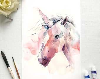 Impresión de acuarela de unicornio - Arte de pared para guardería