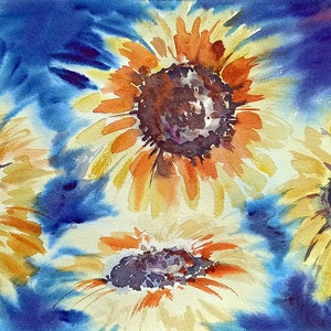 ¡Oferta! Precio: 50 euros (antes 85,00). Girasol dibujado a mano: acuarela original.