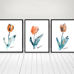 Printed tulip - Watercolor set of 3 prints - simplistic for living room or bedroom.