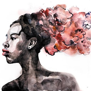 May include: Watercolor painting of a person with dark skin and short black hair. The person is looking to the right. Their hair is painted with a red, pink, and purple watercolor effect.