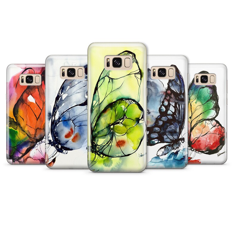 May include: Five different phone cases with watercolor butterfly designs. Each case features a different color butterfly with a black outline.