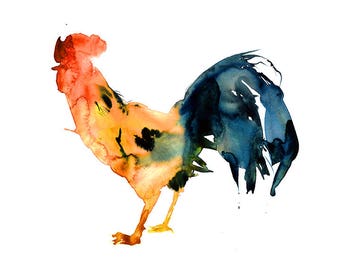 Impression de coq à l'aquarelle. Image de poulet à l'aquarelle. Aquarelle colorée dans une ferme