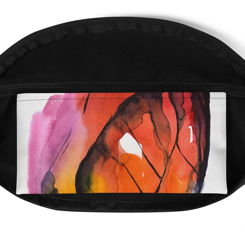 May include: Abstract watercolour painting with shades of pink, orange, yellow, and black. The colours blend together to create a swirling, organic pattern.