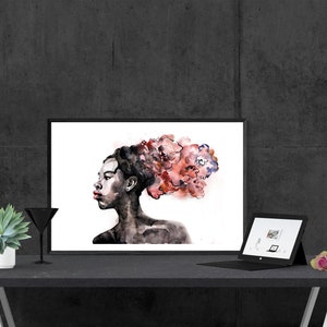May include: A black and white watercolor painting of a person with a red and pink floral design in their hair. The painting is framed and hanging on a wall.