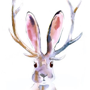 Jackalope Print - Bunny Deer Wall Art - watercolor